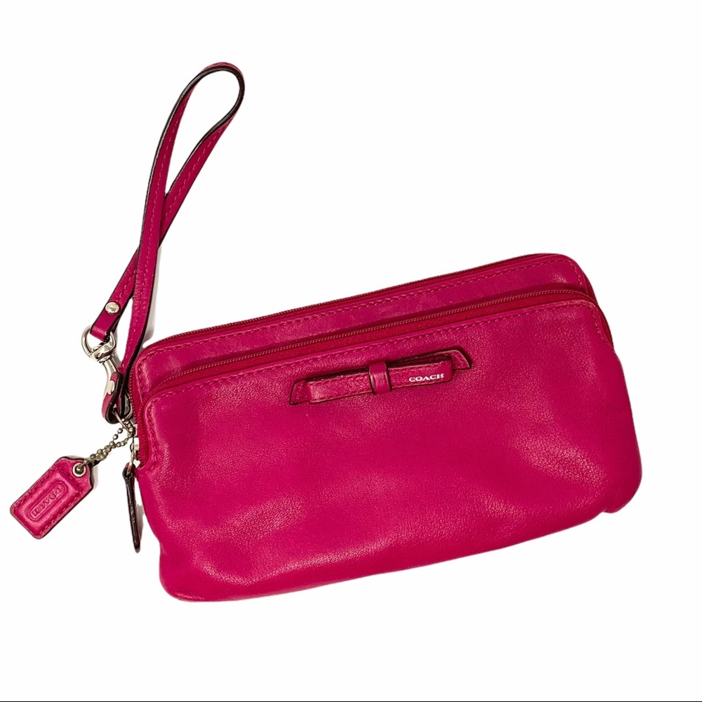 Coach Poppy Pink Leather Bow Double Zip Wristlet